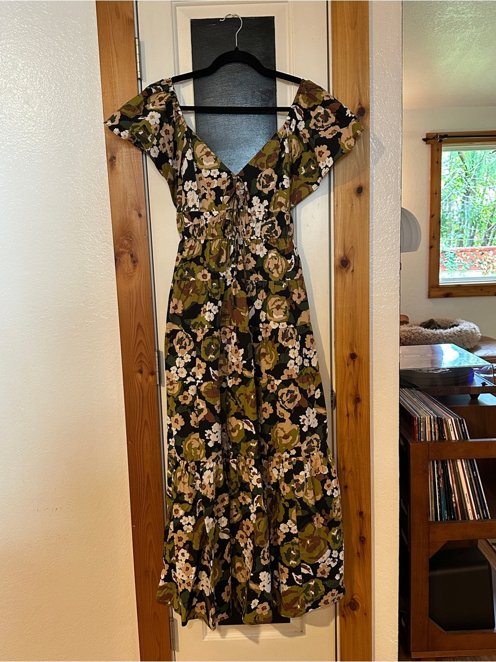 Moon River Olive, Black and Cream Floral Maxi Dress